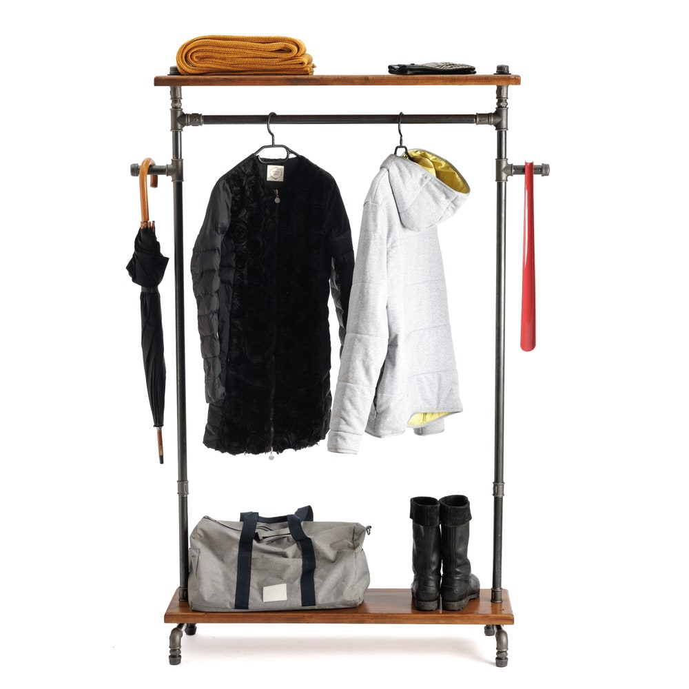 Rustic Industrial Garment Rack With Wood Shelf And Pipe Frame For Retail Or Home Use
