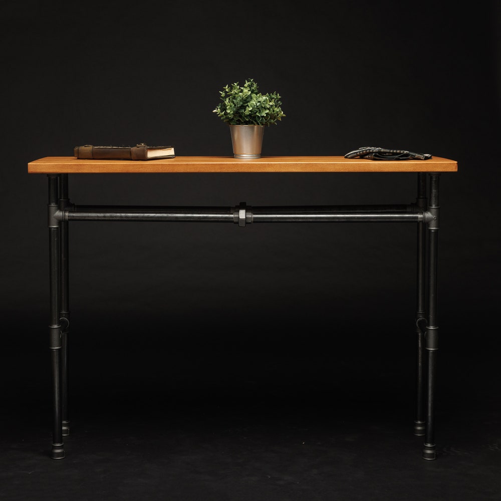 Handmade Industrial Console Table With Solid Wood Top And Pipe Frame For Entryway