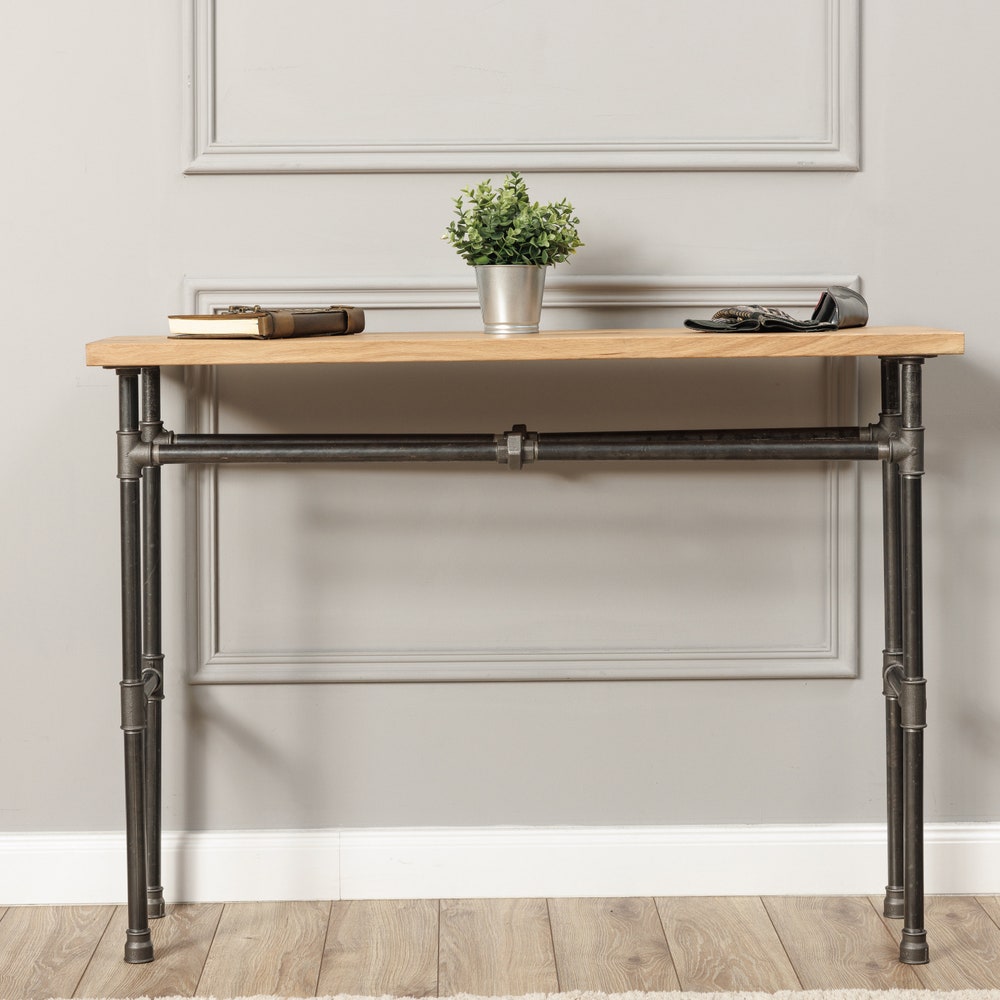Handmade Industrial Console Table With Solid Wood Top And Pipe Frame For Entryway