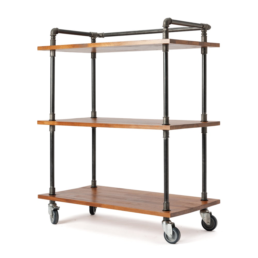 Industrial Wood Kitchen Storage Cart With Wheels And Metal Pipe Frame
