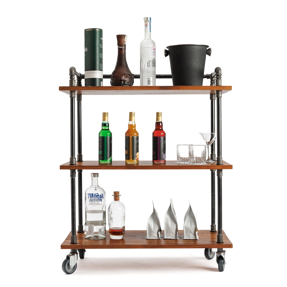 Industrial Wood Kitchen Storage Cart With Wheels And Metal Pipe Frame