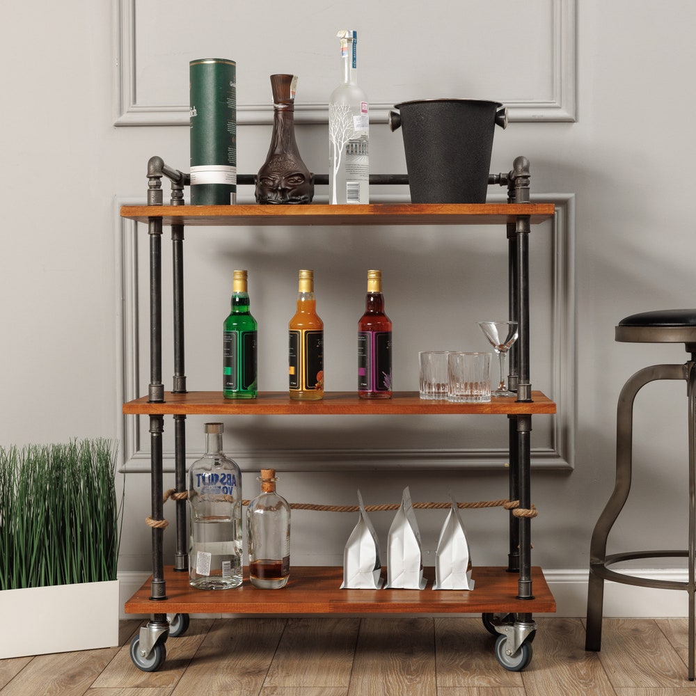 Wood Kitchen Storage Cart, handmade furniture, coffee table, round table, diy table, black pipe table, living table