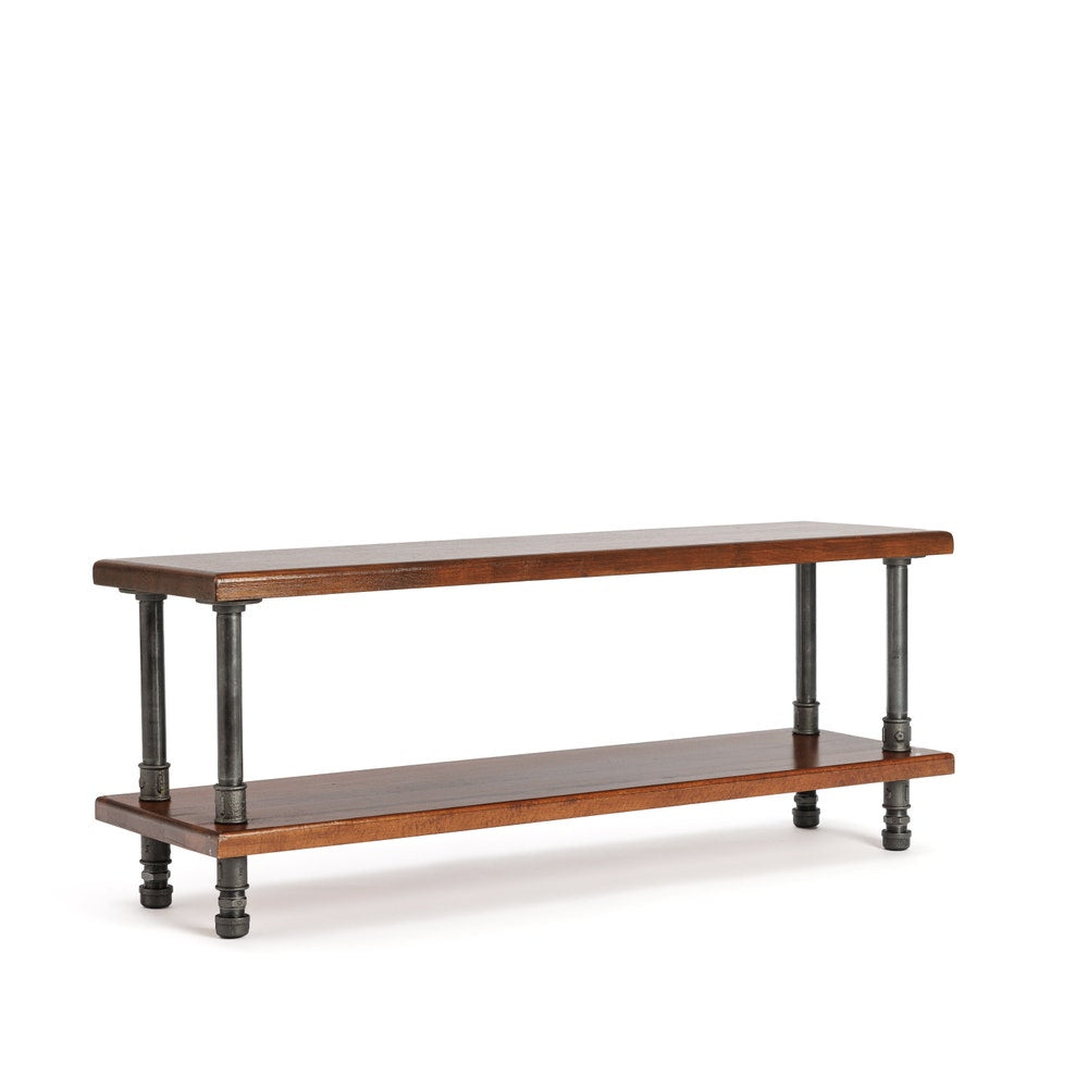 Industrial Two Tier Shoe Storage Bench With Solid Wood Shelf For Entryway Organization