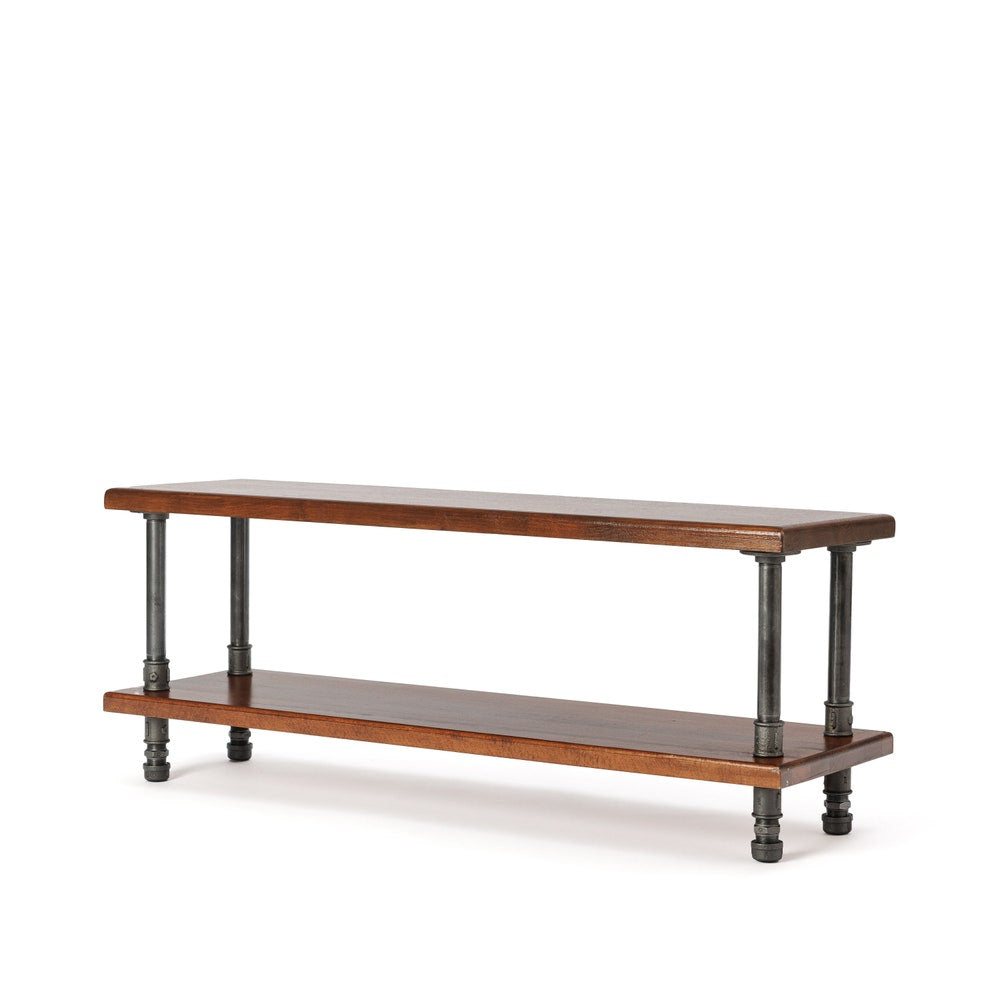 Industrial Two Tier Shoe Storage Bench With Solid Wood Shelf For Entryway Organization