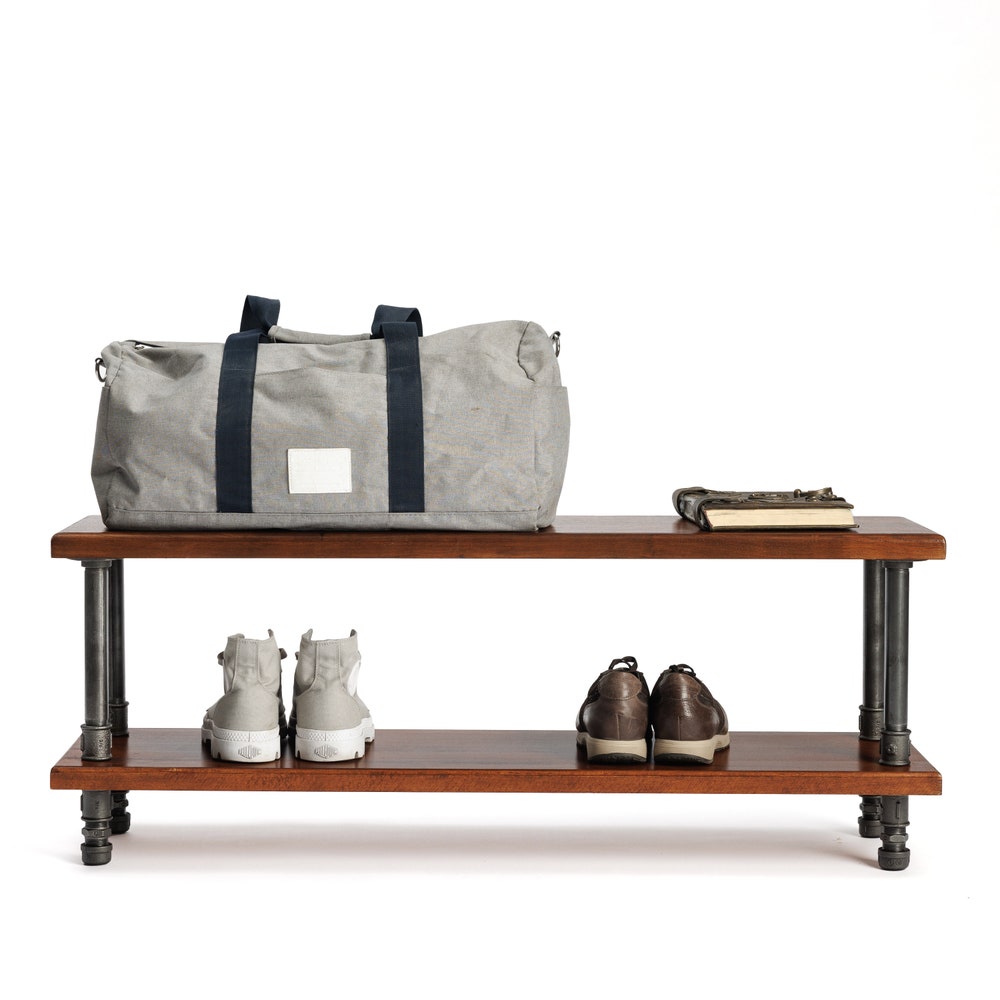 Industrial Two Tier Shoe Storage Bench With Solid Wood Shelf For Entryway Organization