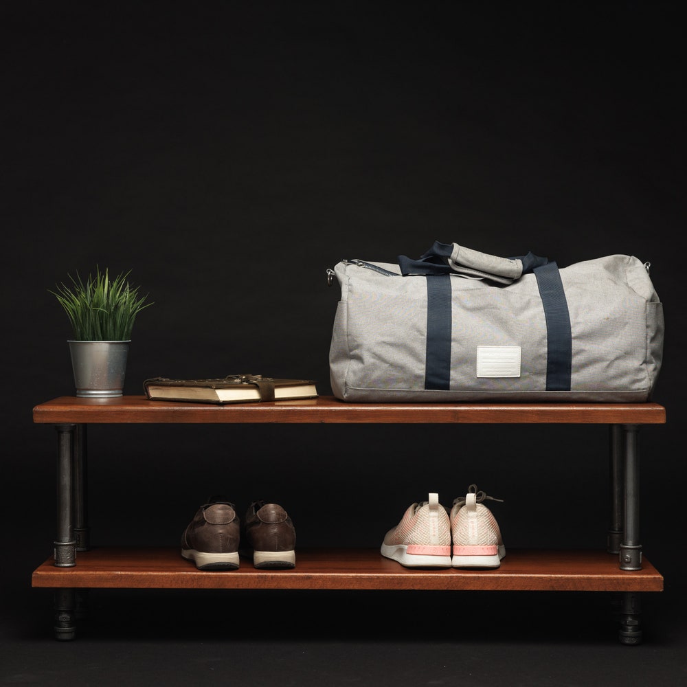 Industrial Two Tier Shoe Storage Bench With Solid Wood Shelf For Entryway Organization