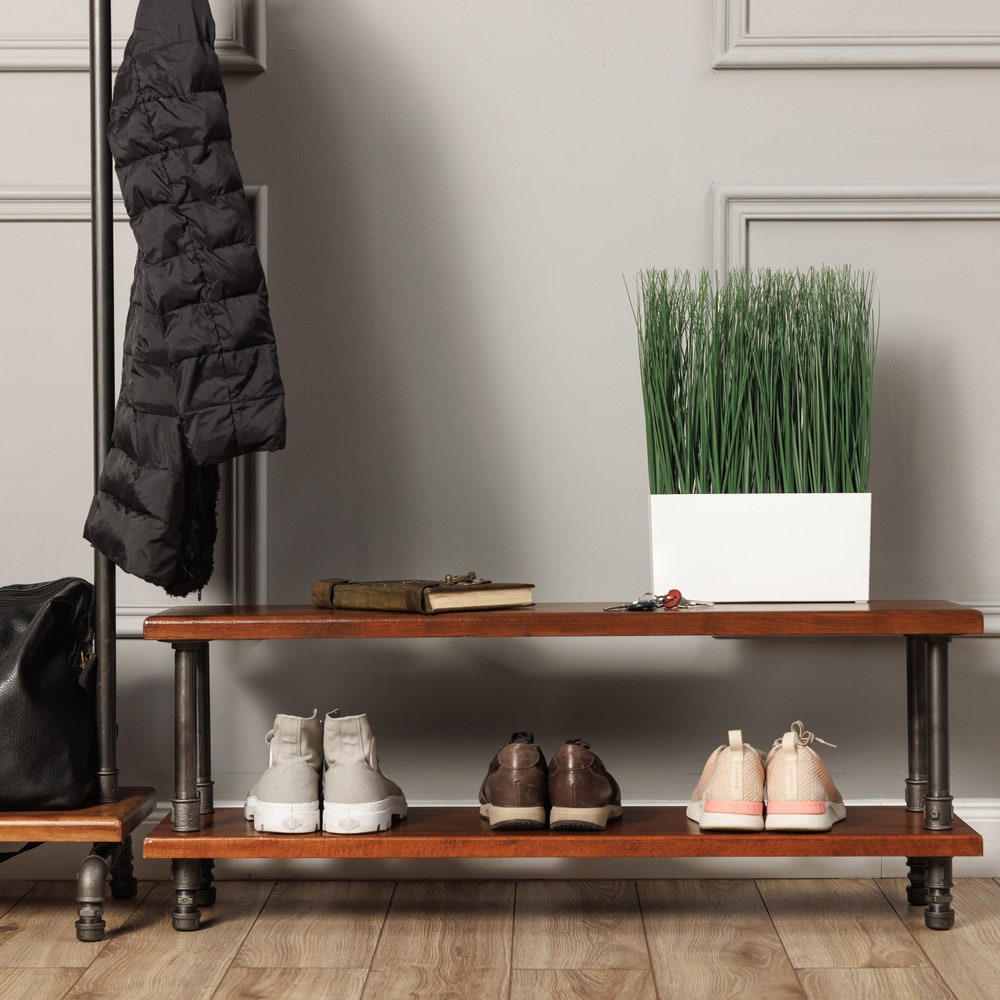 Industrial Two Tier Shoe Storage Bench With Solid Wood Shelf For Entryway Organization