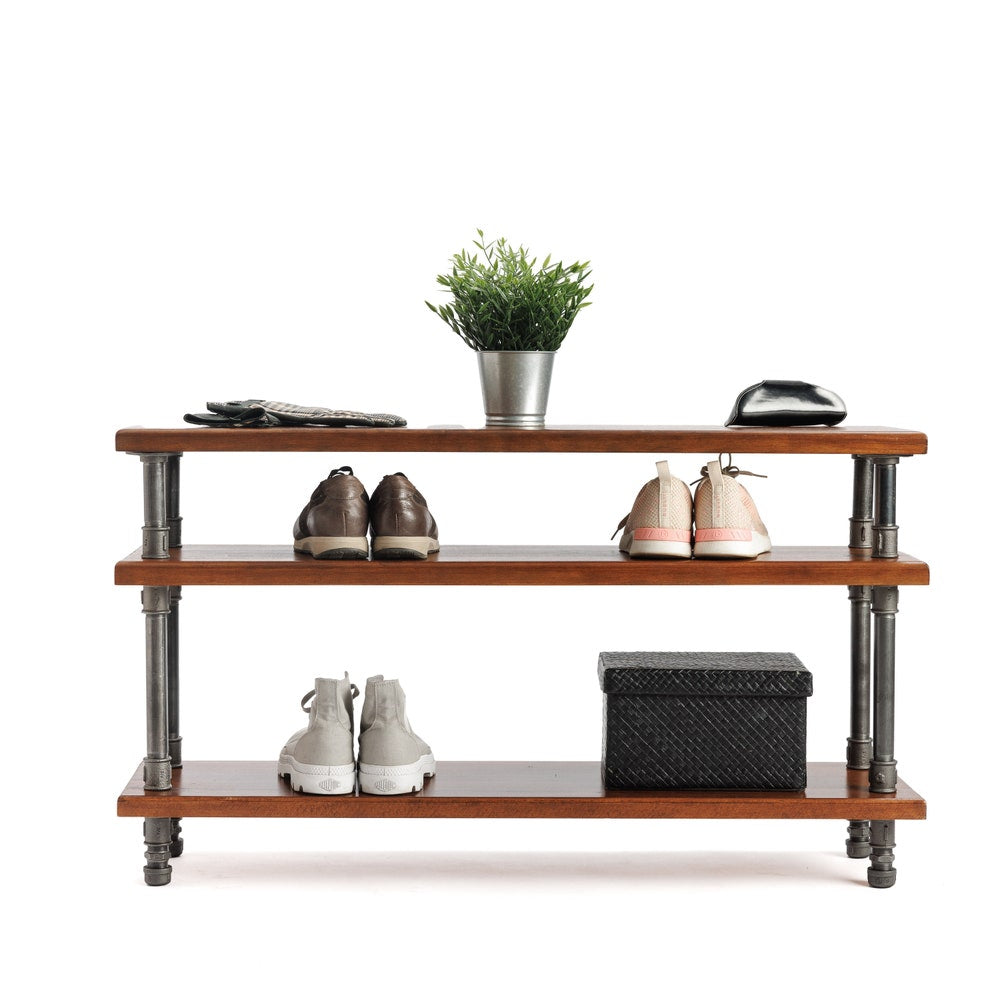 Industrial Two Tier Shoe Storage Bench With Solid Wood Shelf For Entryway Organization