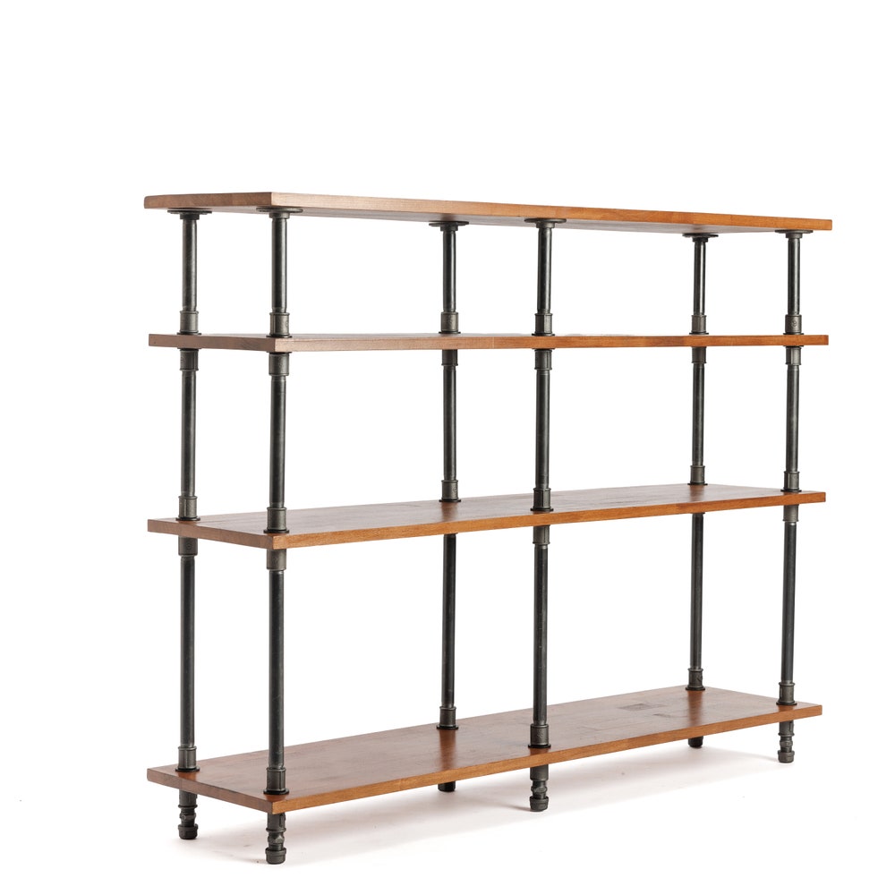 Industrial Pipe And Solid Beech Wood Storage Console Table With Open Shelves