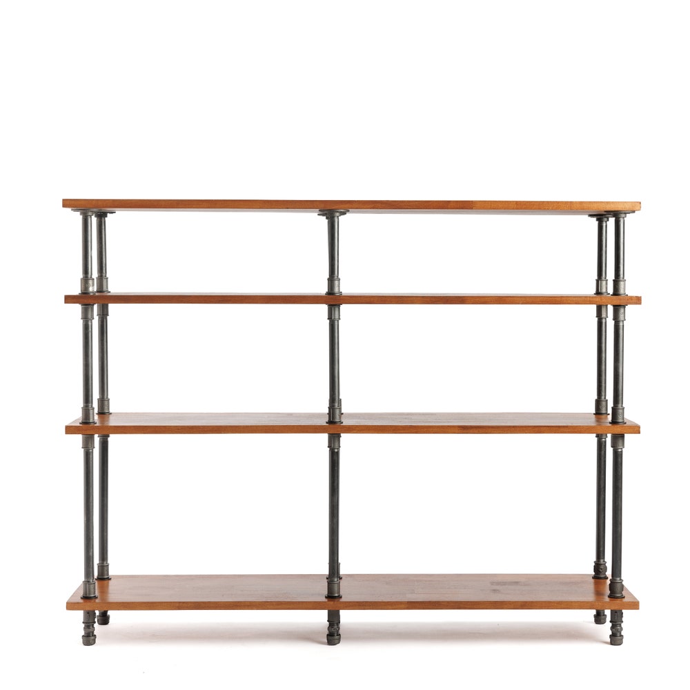Industrial Pipe And Solid Beech Wood Storage Console Table With Open Shelves
