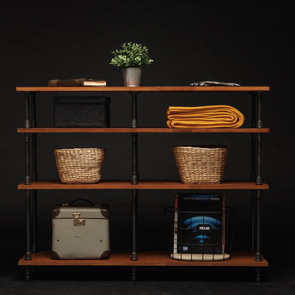 Industrial Pipe And Solid Beech Wood Storage Console Table With Open Shelves