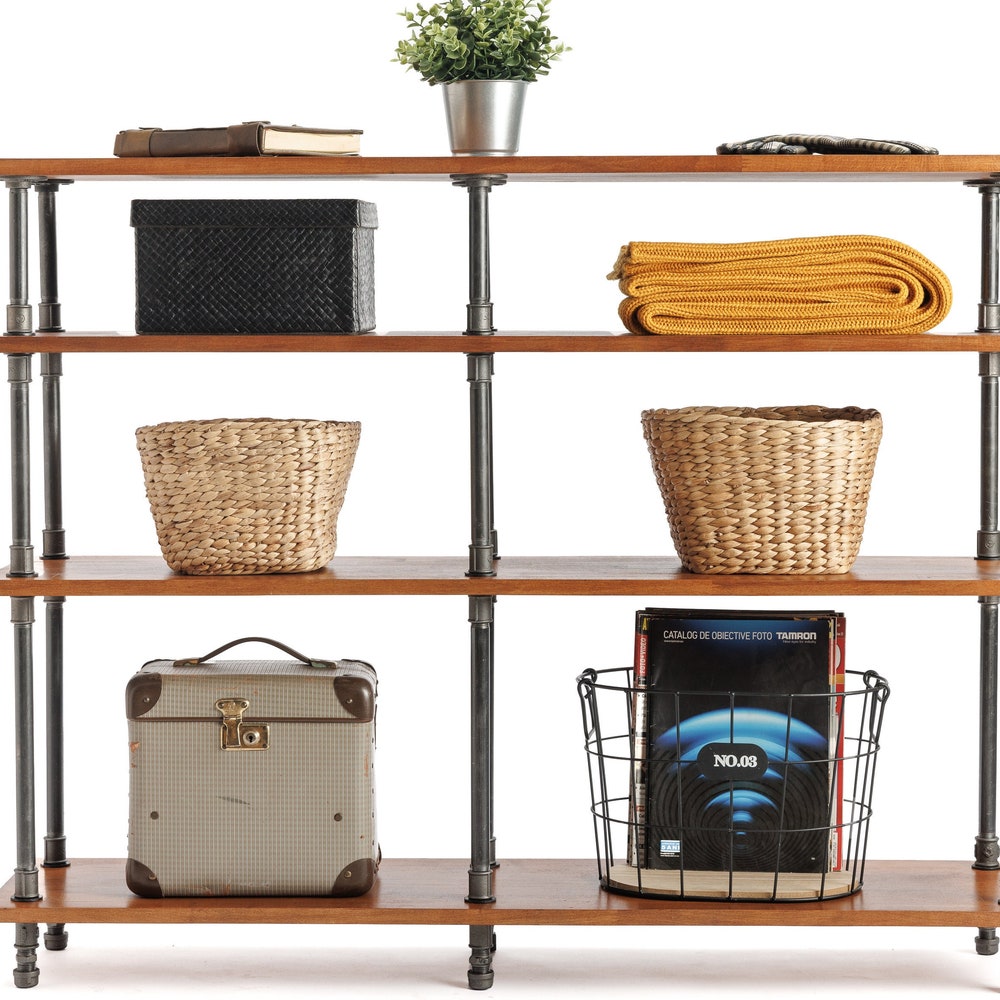 Industrial Pipe And Solid Beech Wood Storage Console Table With Open Shelves