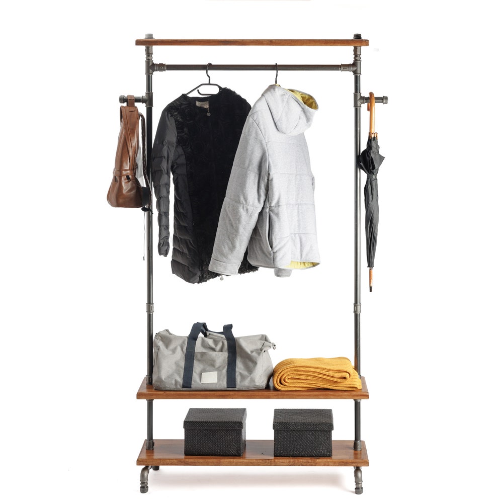 Industrial Garment Rack With Pipe Frame And Wood Shelves For Entryway Or Retail Display