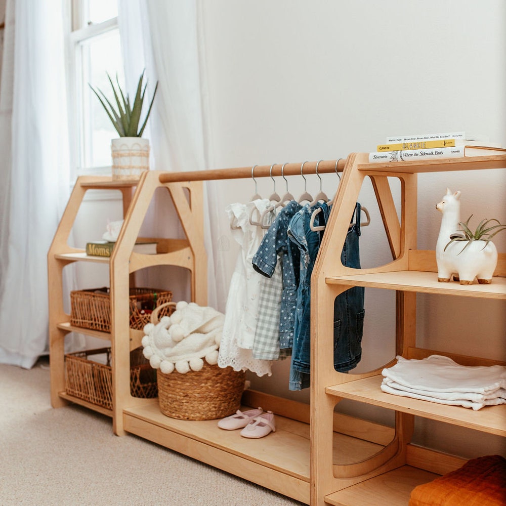 Storage Furniture for toddler playroom, Montessori cubby, Baby clothing rack, Wooden hanger, Girls dress up, Kid bookshelf, Toy Organizer