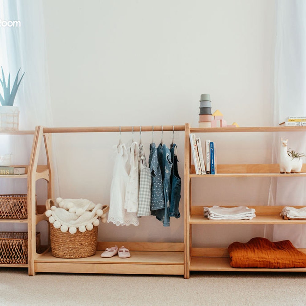 Storage Furniture for toddler playroom, Montessori cubby, Baby clothing rack, Wooden hanger, Girls dress up, Kid bookshelf, Toy Organizer