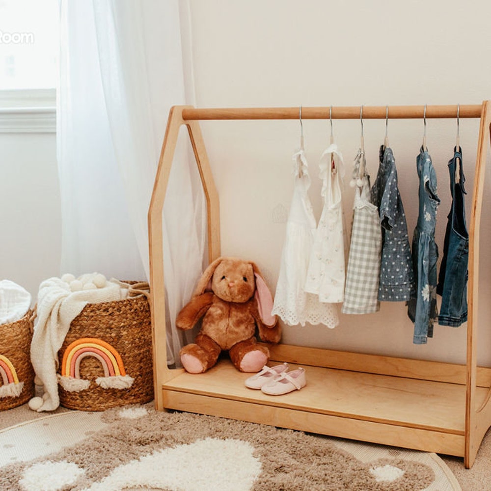 Storage Furniture for toddler playroom, Montessori cubby, Baby clothing rack, Wooden hanger, Girls dress up, Kid bookshelf, Toy Organizer