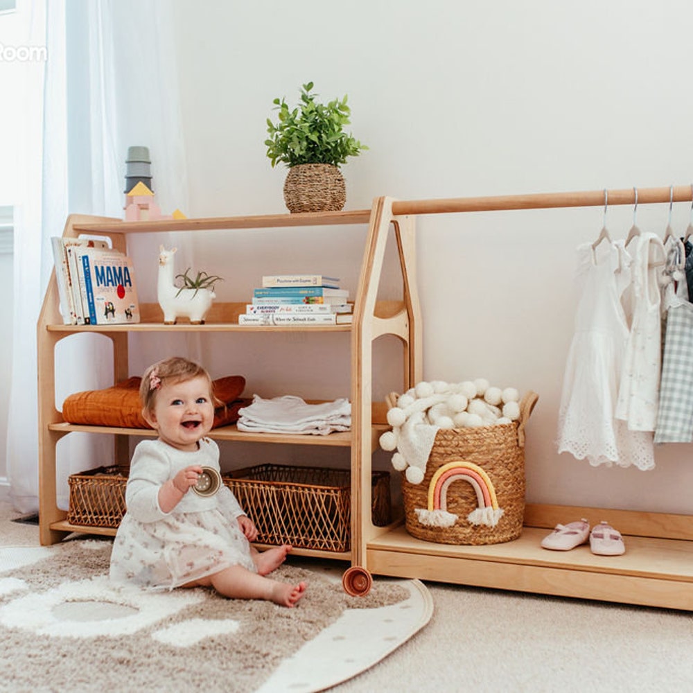 Set of 3 Shelves: Toy Storage + Kid Clothing Rack, Toddler Nursery, Toys Shelf, Montessori Furniture, Open Shelf, Montessori Shelves