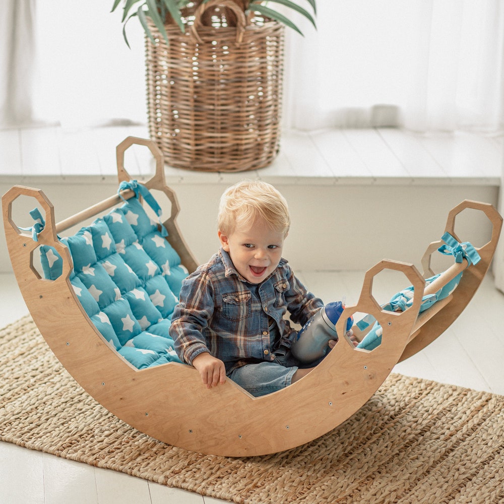 Toddler Gift Set: Climbing arch with pillow and slide, Rocker + cushion, Montessori furniture, balance board, Indoor climber, Nursery decor