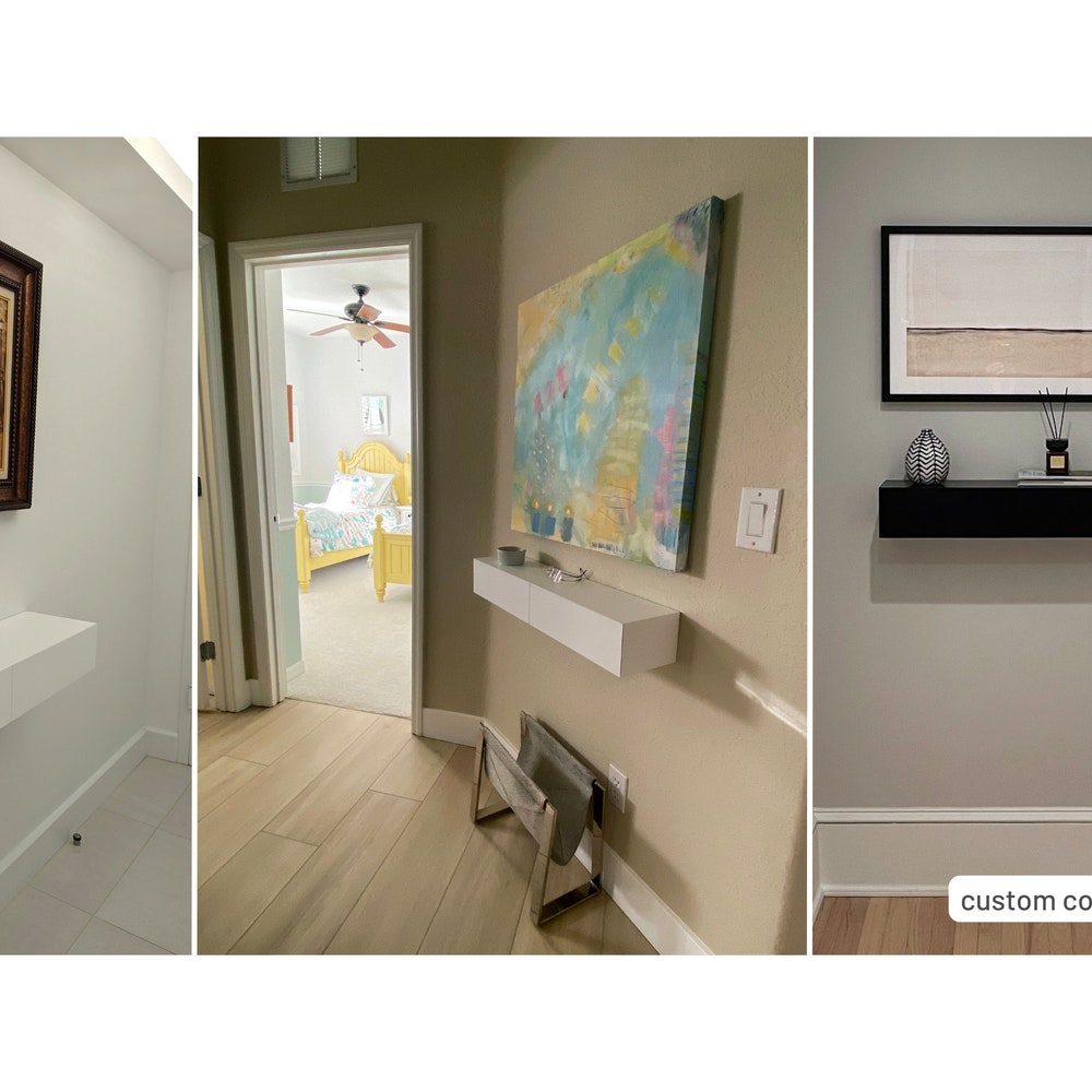 White floating entryway shelf / narrow entryway table with hidden drawers