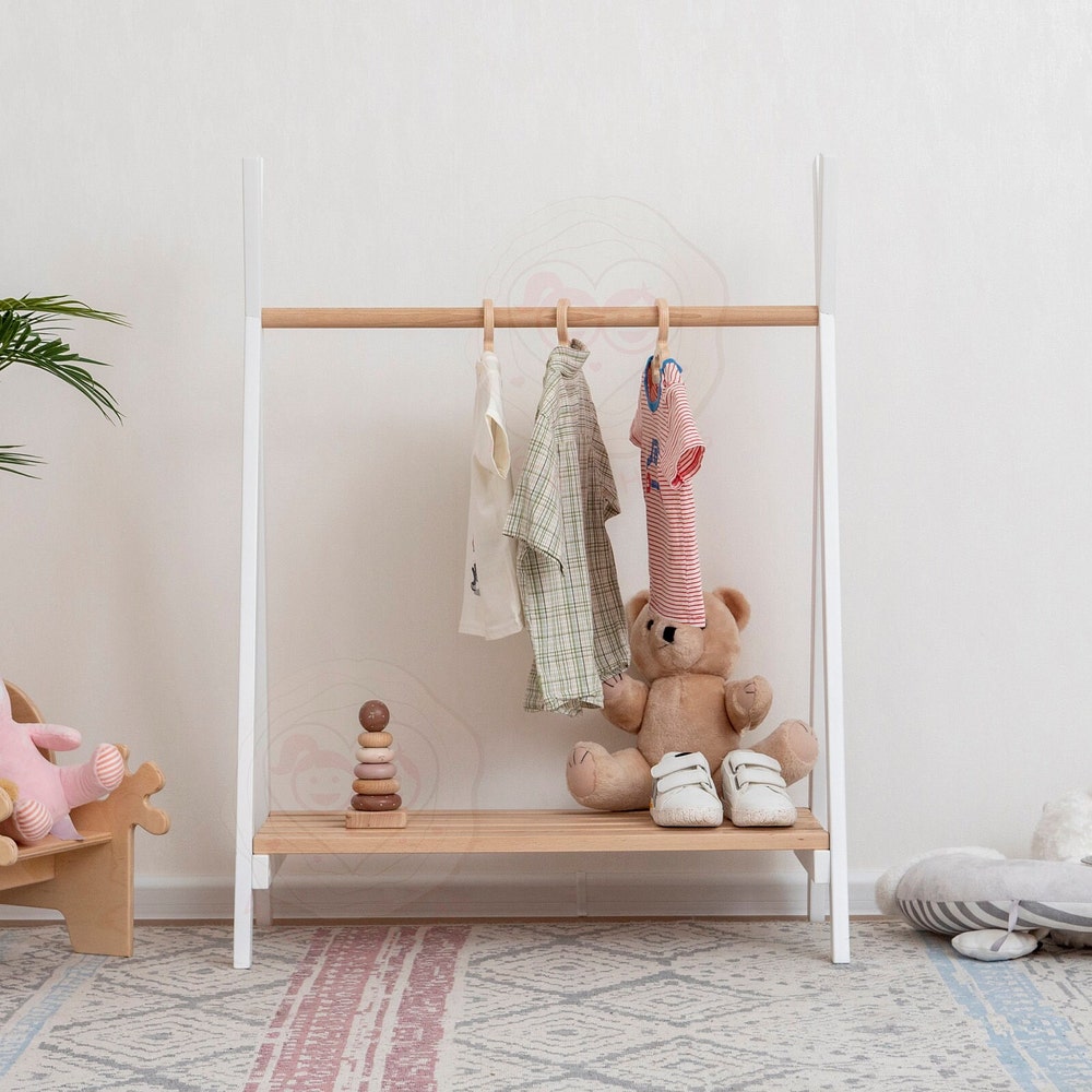Waldorf Teepee Kids Clothing Rack, Wooden Clothing Storage, Plywood Furniture Montessori Wardrobe & Hangers Unique Gift for Kid