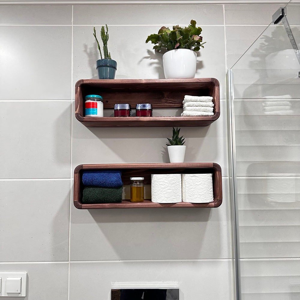 Rustic Floating Wooden Bathroom Shelf Organizer Wall Display Rack