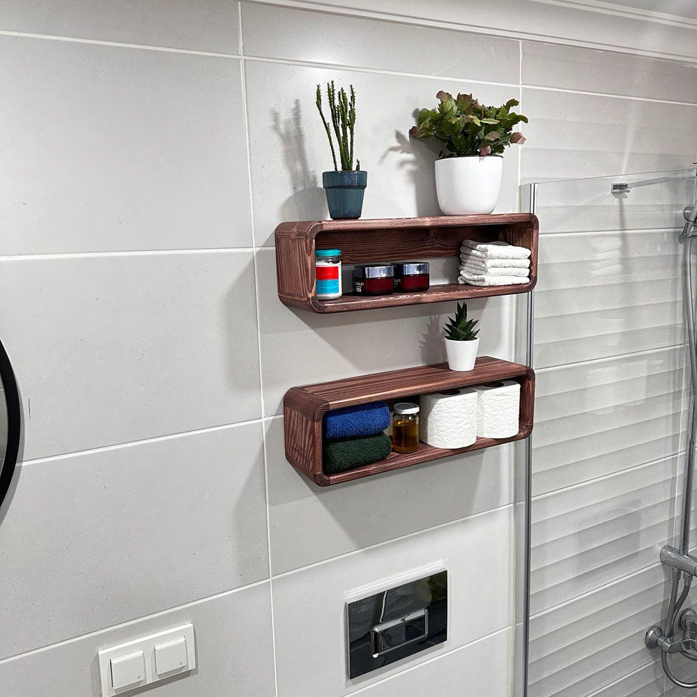 Rustic Floating Wooden Bathroom Shelf Organizer Wall Display Rack