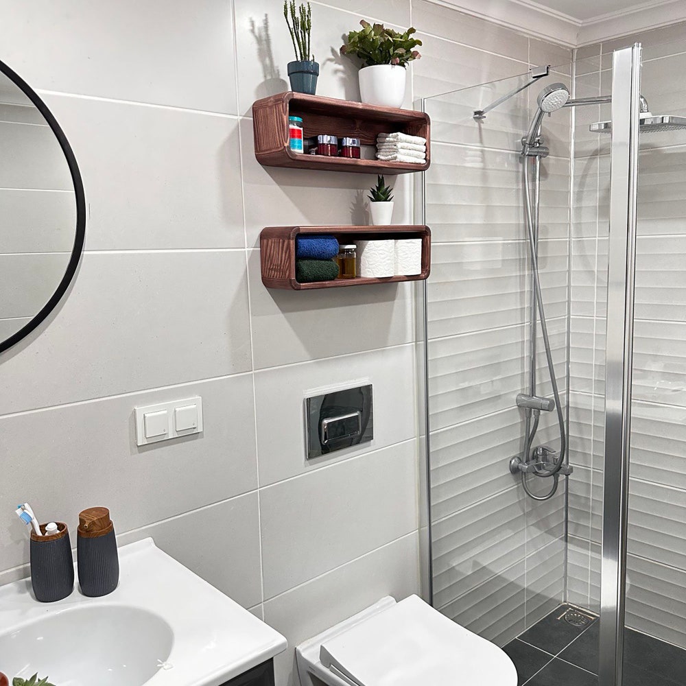 Rustic Floating Wooden Bathroom Shelf Organizer Wall Display Rack