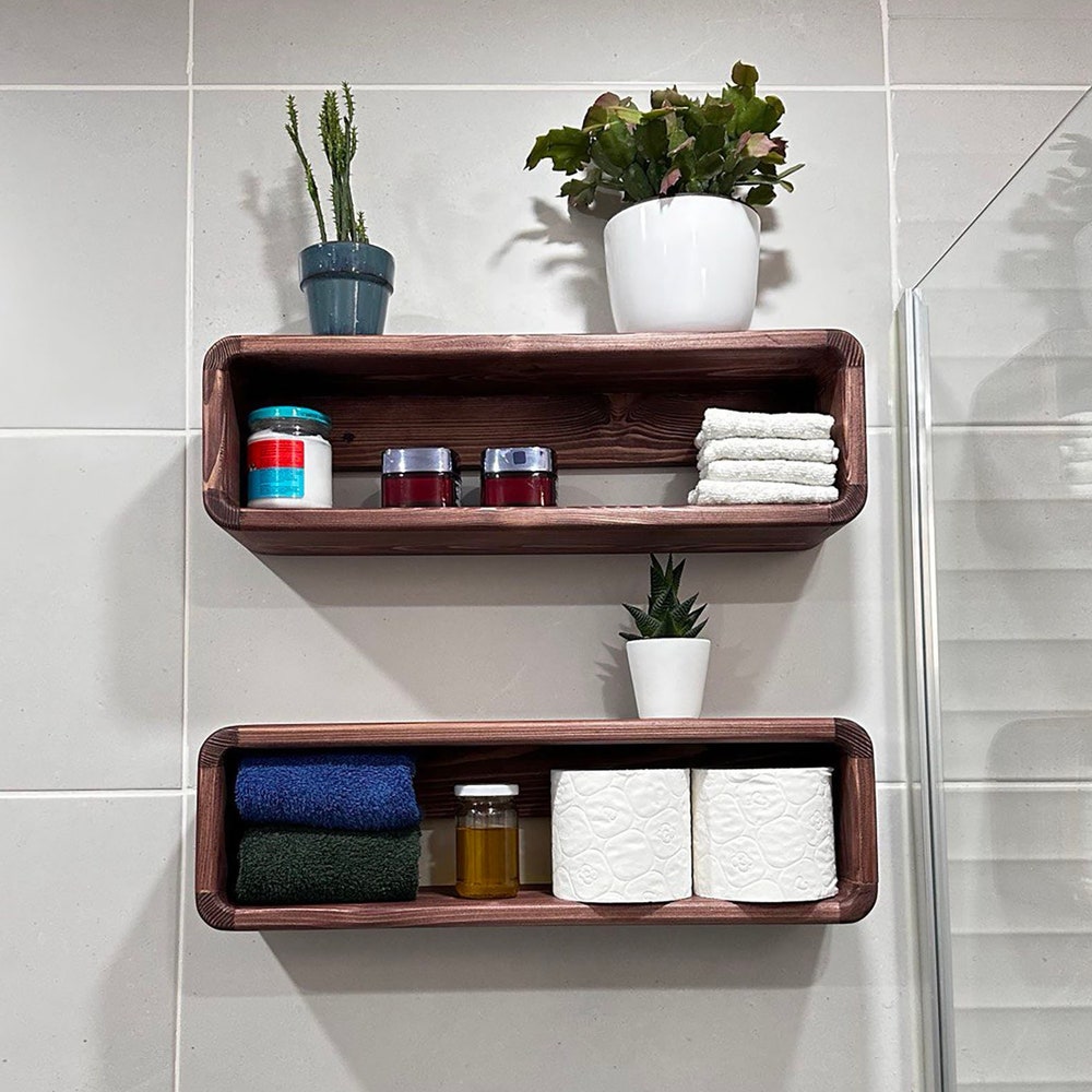 Rustic Floating Wooden Bathroom Shelf Organizer Wall Display Rack