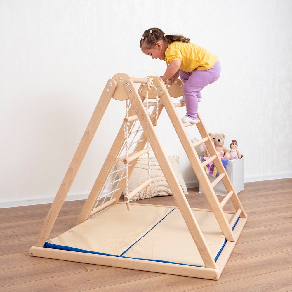 41х37″ Up to 4 Years Small Scandinavian Climbing Triangle Complex with Massager Wobble Board, Waldorf Ladder or Baby Swing and Baby Play Mat