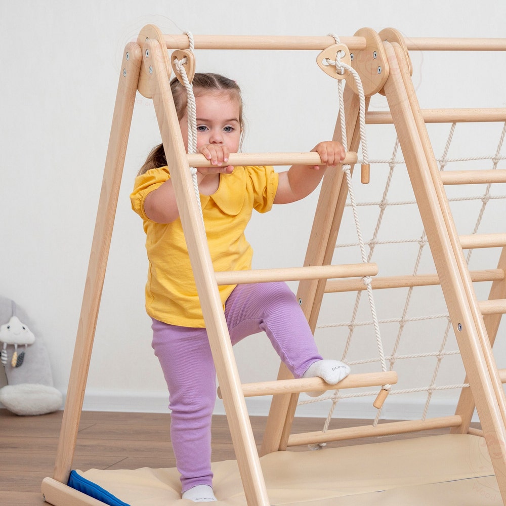 41х37″ Up to 4 Years Small Scandinavian Climbing Triangle Complex with Massager Wobble Board, Waldorf Ladder or Baby Swing and Baby Play Mat