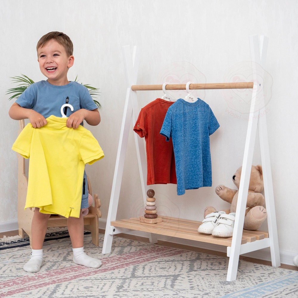 Waldorf Teepee Kids Clothing Rack, Wooden Clothing Storage, Plywood Furniture Montessori Wardrobe & Hangers Unique Gift for Kid