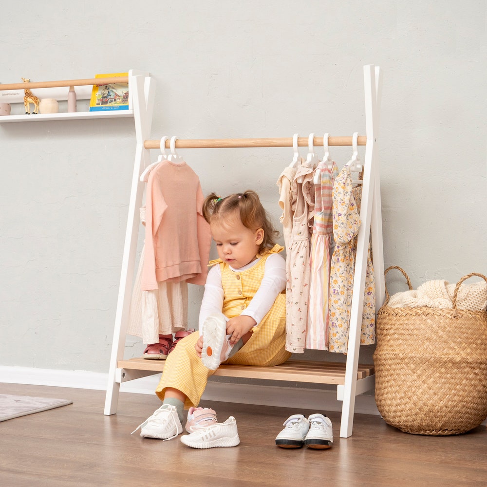 Waldorf Teepee Kids Clothing Rack, Wooden Clothing Storage, Plywood Furniture Montessori Wardrobe & Hangers Unique Gift for Kid