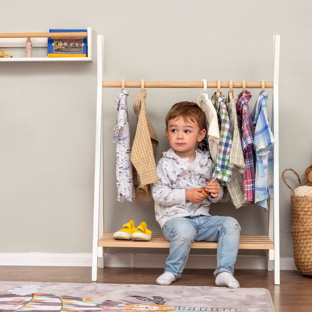 Waldorf Teepee Kids Clothing Rack, Wooden Clothing Storage, Plywood Furniture Montessori Wardrobe & Hangers Unique Gift for Kid
