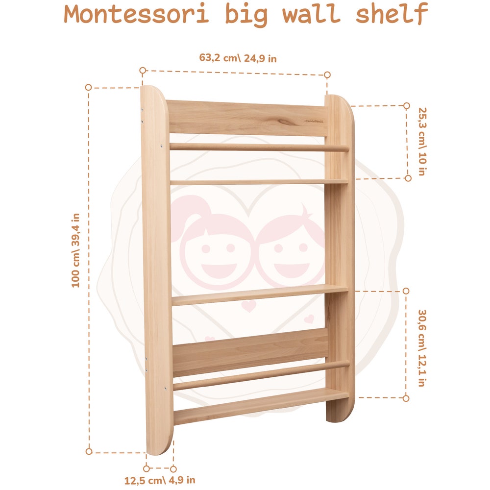 Big Montessori Wall Bookshelf, Plywood Furniture Wall Shelves Book Nook, Waldorf Wood Shelves Child Gift Aesthetic Room Decor