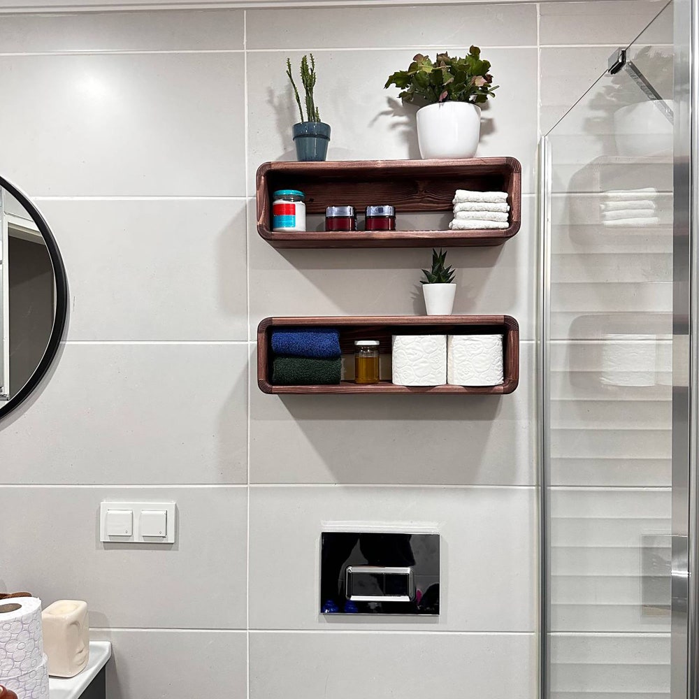 Rustic Floating Wooden Bathroom Shelf Organizer Wall Display Rack