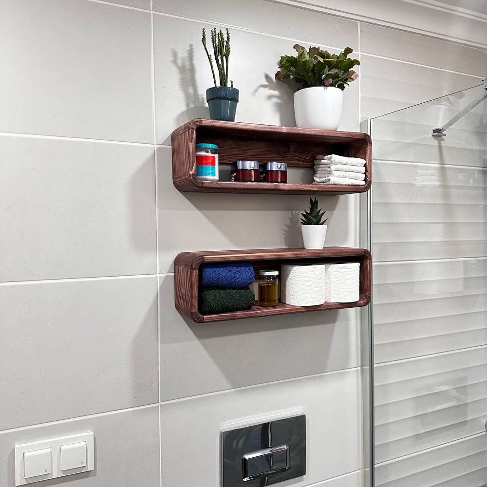 Rustic Floating Wooden Bathroom Shelf Organizer Wall Display Rack