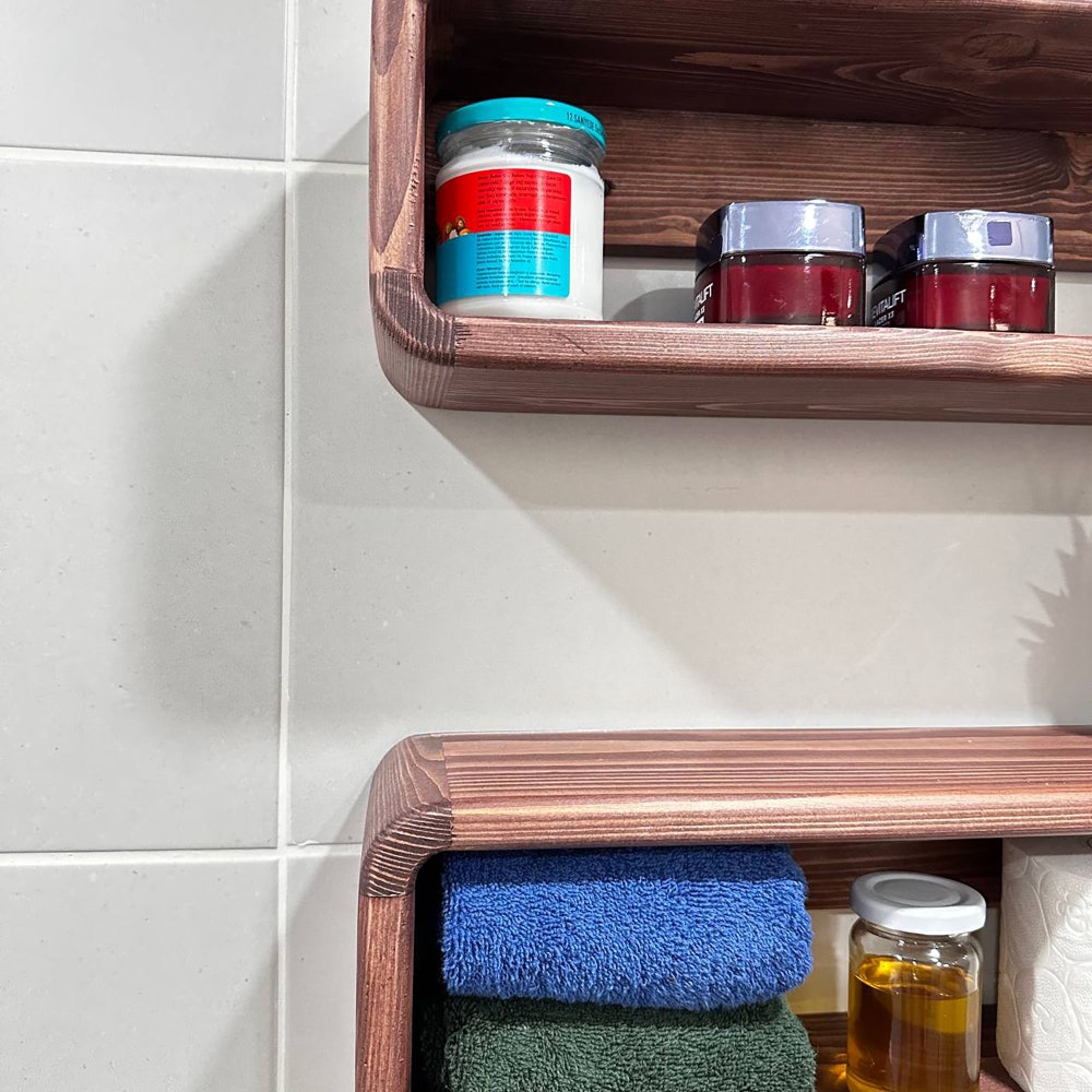 Rustic Floating Wooden Bathroom Shelf Organizer Wall Display Rack