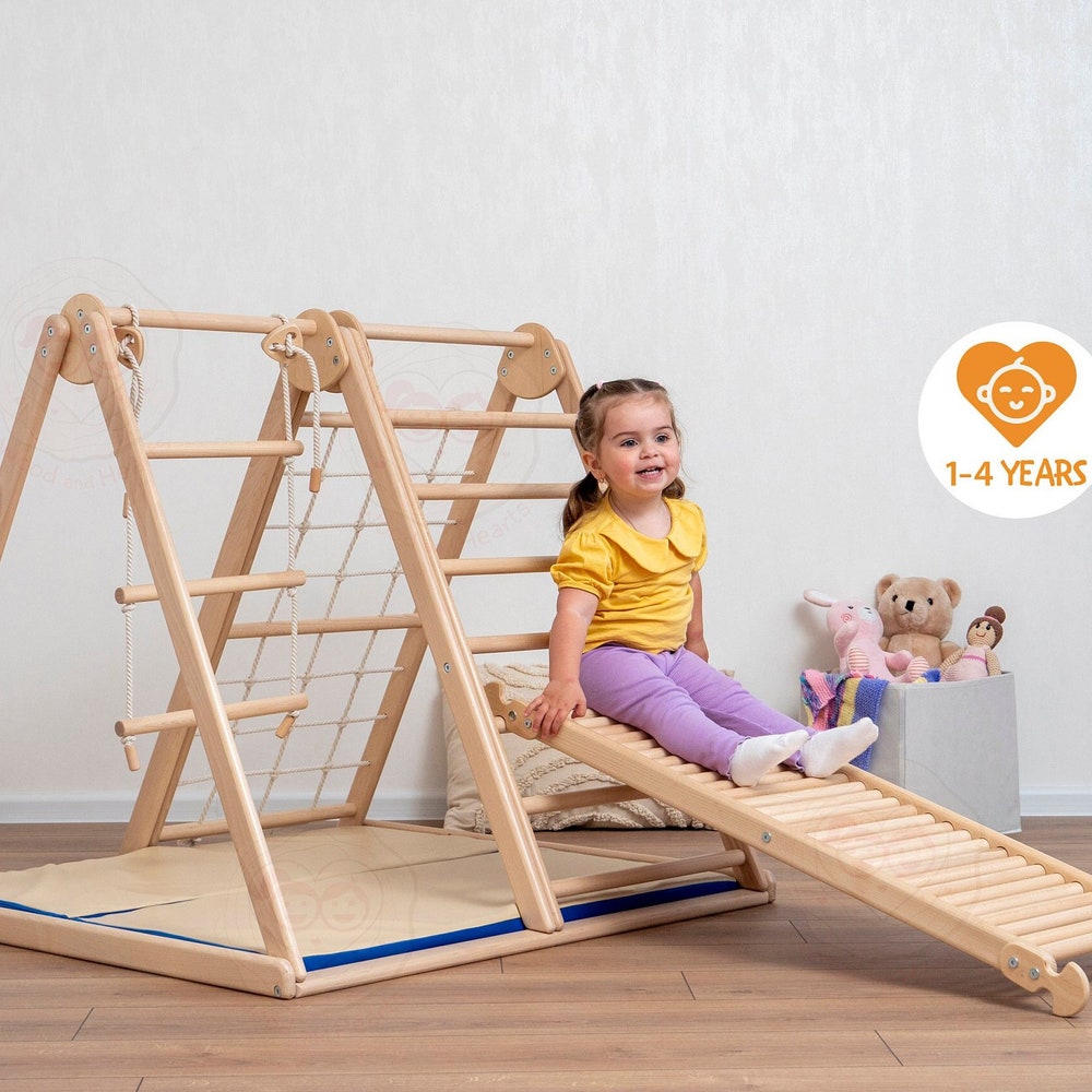 41х37″ Up to 4 Years Small Scandinavian Climbing Triangle Complex with Massager Wobble Board, Waldorf Ladder or Baby Swing and Baby Play Mat