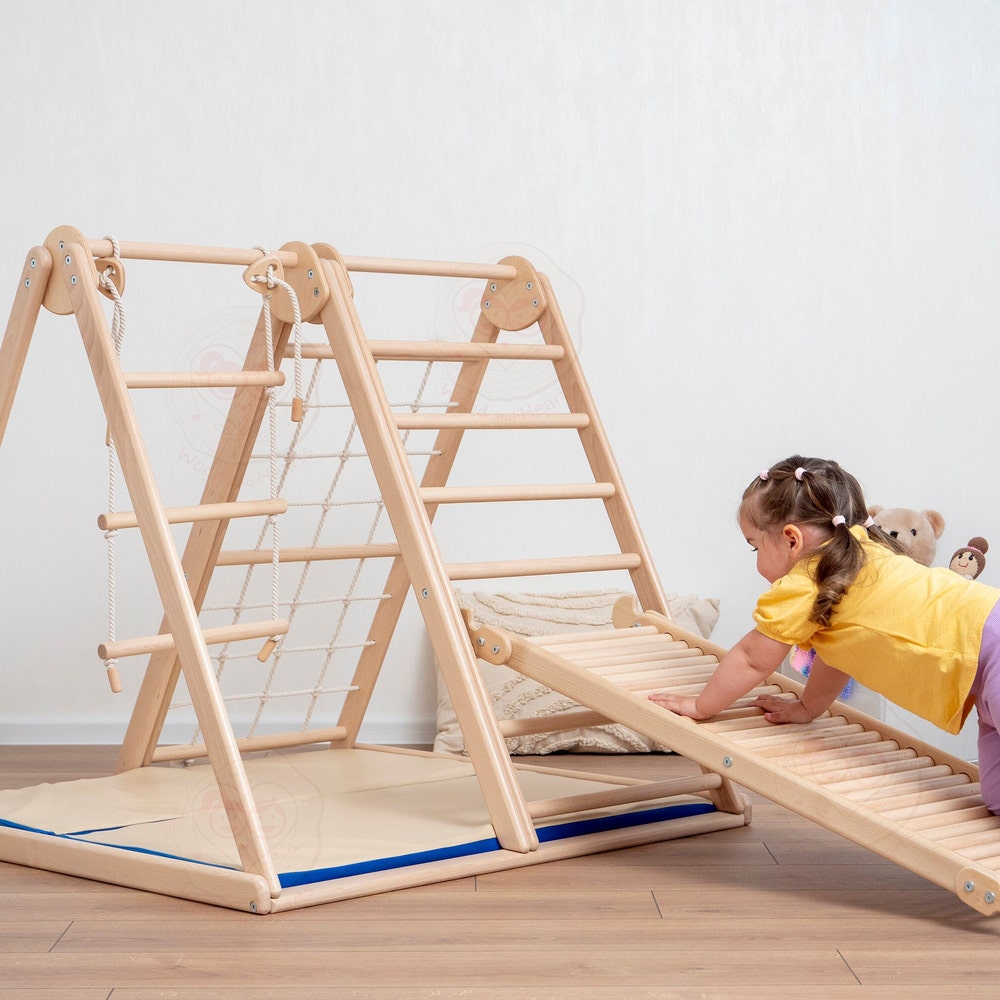 41х37″ Up to 4 Years Small Scandinavian Climbing Triangle Complex with Massager Wobble Board, Waldorf Ladder or Baby Swing and Baby Play Mat