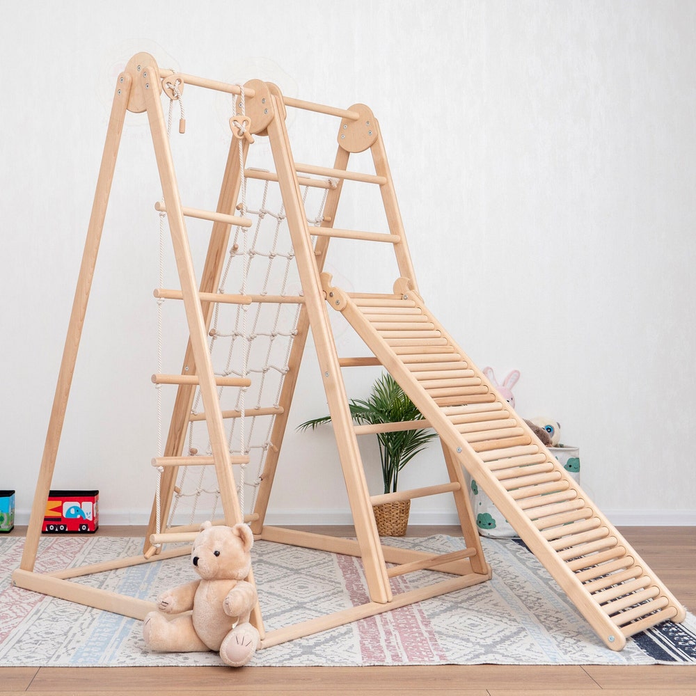 55x40" Up to 6 Years Baby Mobile Large Triangle Climber Scandinavian Indoor Playground, Busy Board Massager Ramp & Waldorf Rope Accessory