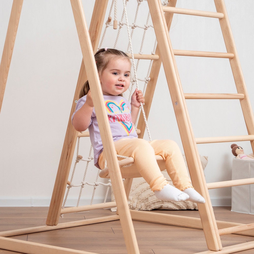 55x40" Up to 6 Years Baby Mobile Large Triangle Climber Scandinavian Indoor Playground, Busy Board Massager Ramp & Waldorf Rope Accessory