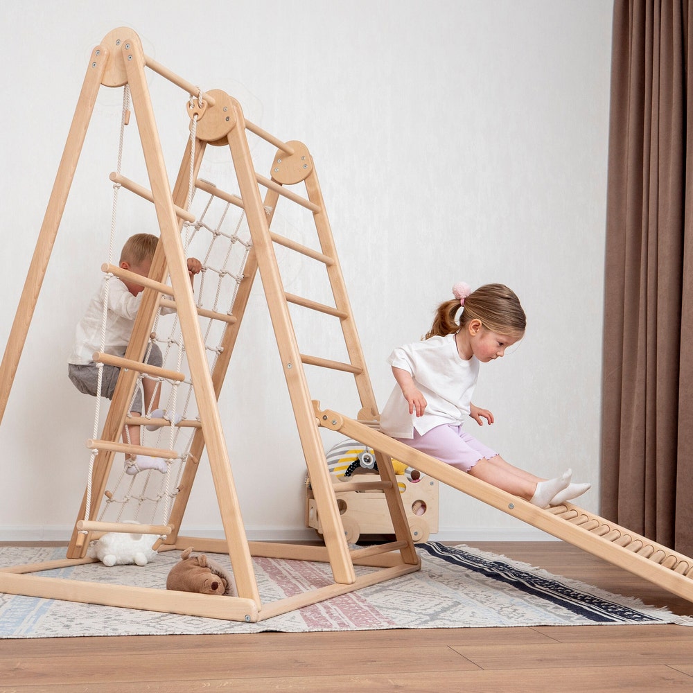 55x40" Up to 6 Years Baby Mobile Large Triangle Climber Scandinavian Indoor Playground, Busy Board Massager Ramp & Waldorf Rope Accessory