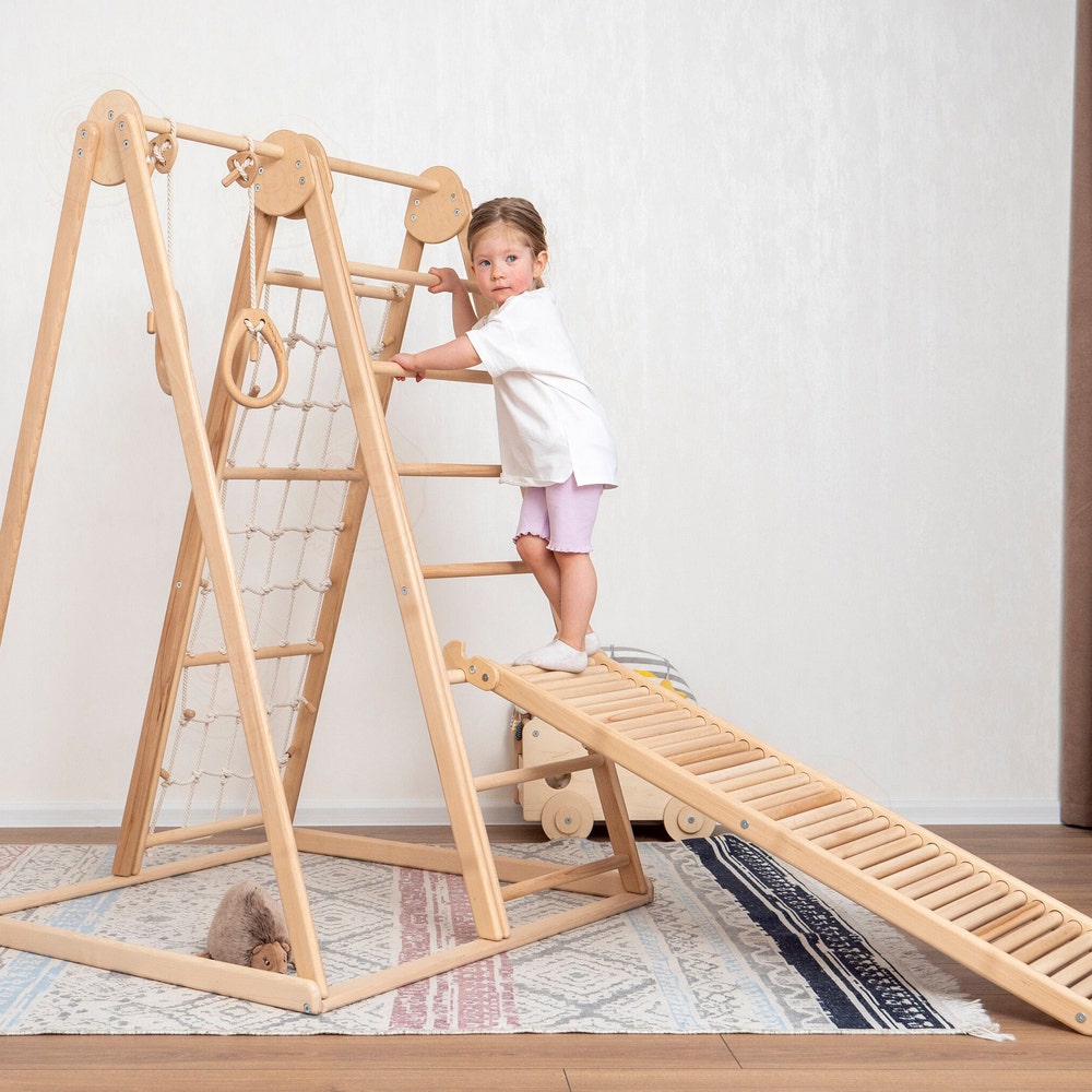 55x40" Up to 6 Years Baby Mobile Large Triangle Climber Scandinavian Indoor Playground, Busy Board Massager Ramp & Waldorf Rope Accessory