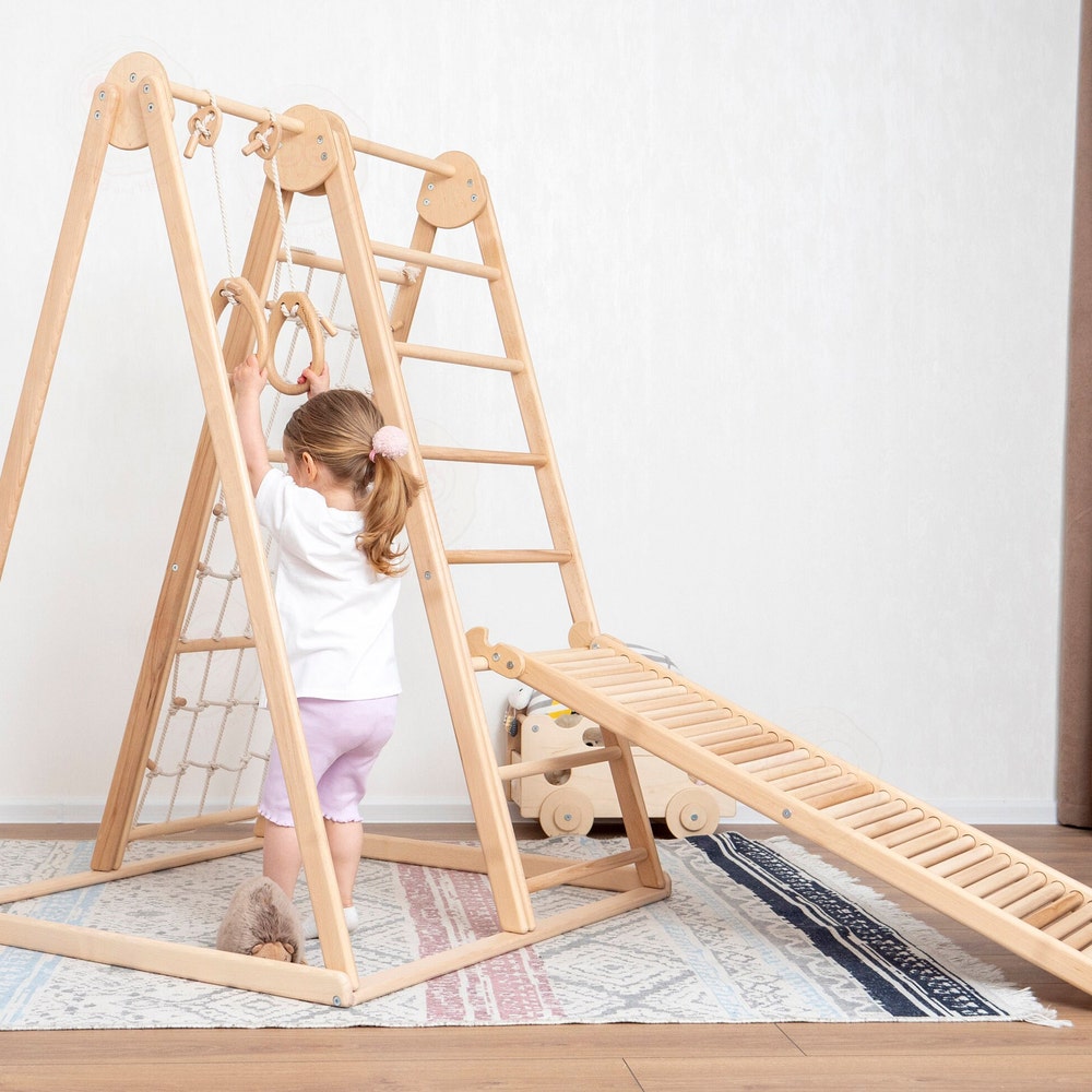 55x40" Up to 6 Years Baby Mobile Large Triangle Climber Scandinavian Indoor Playground, Busy Board Massager Ramp & Waldorf Rope Accessory