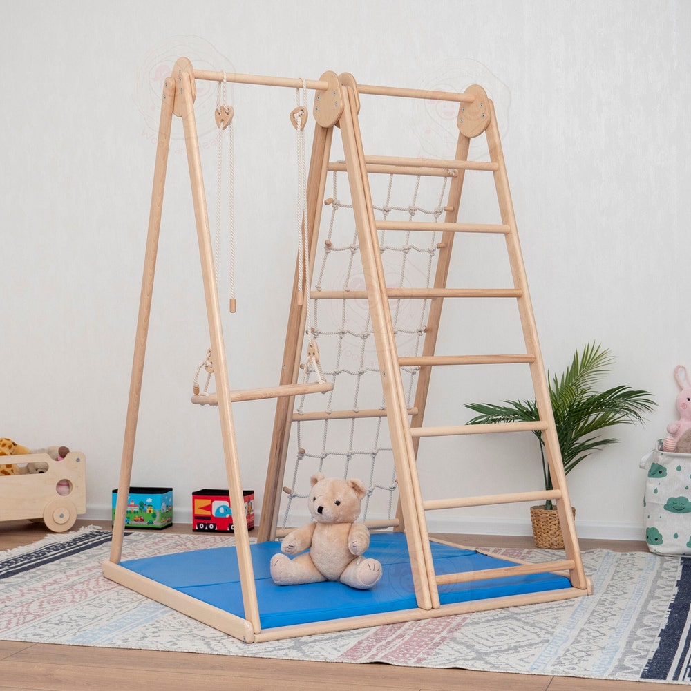 55x40" Large Scandinavian Triangle Climber Complex with Montessori Toddler Rope Accessory and Baby Play Mat Waldorf Soft Play Equipment