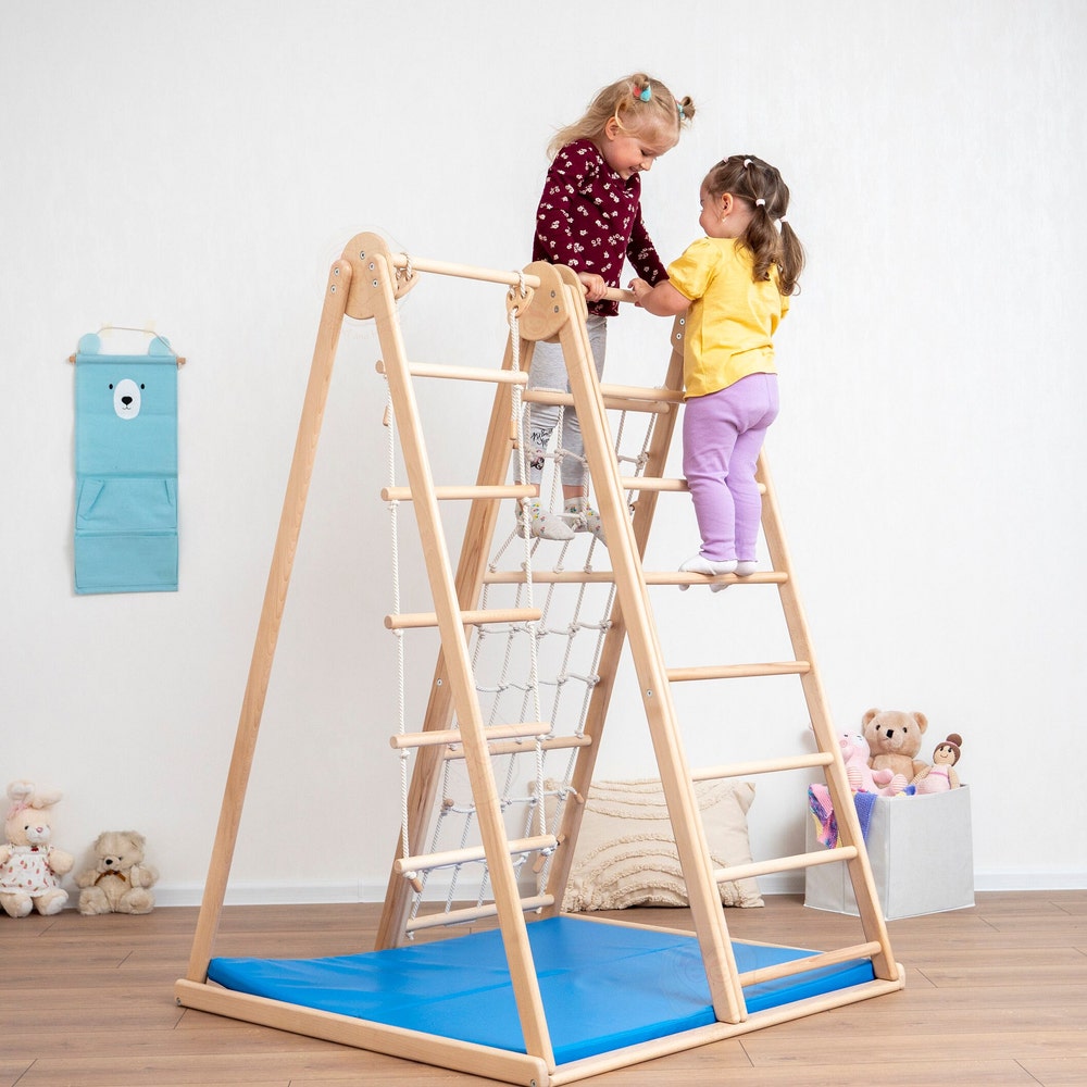 55x40" Large Scandinavian Triangle Climber Complex with Montessori Toddler Rope Accessory and Baby Play Mat Waldorf Soft Play Equipment