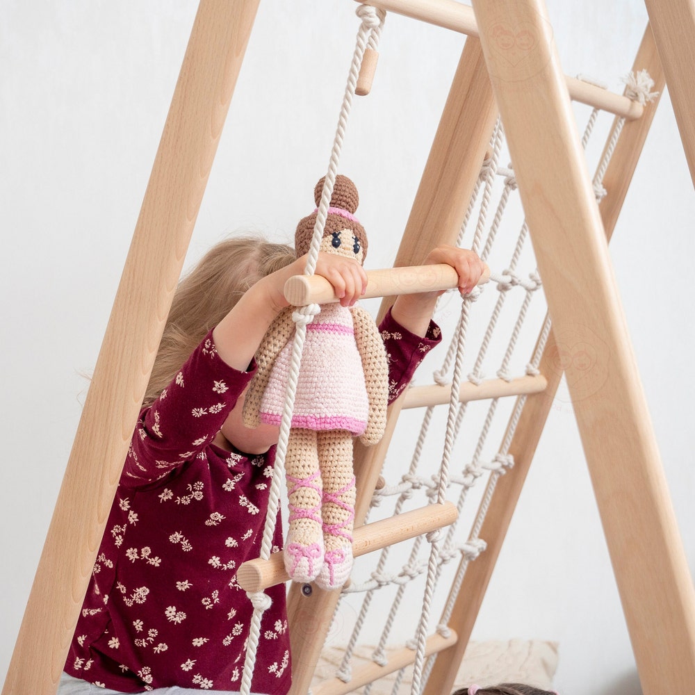 55x40" Large Scandinavian Triangle Climber Complex with Montessori Toddler Rope Accessory and Baby Play Mat Waldorf Soft Play Equipment