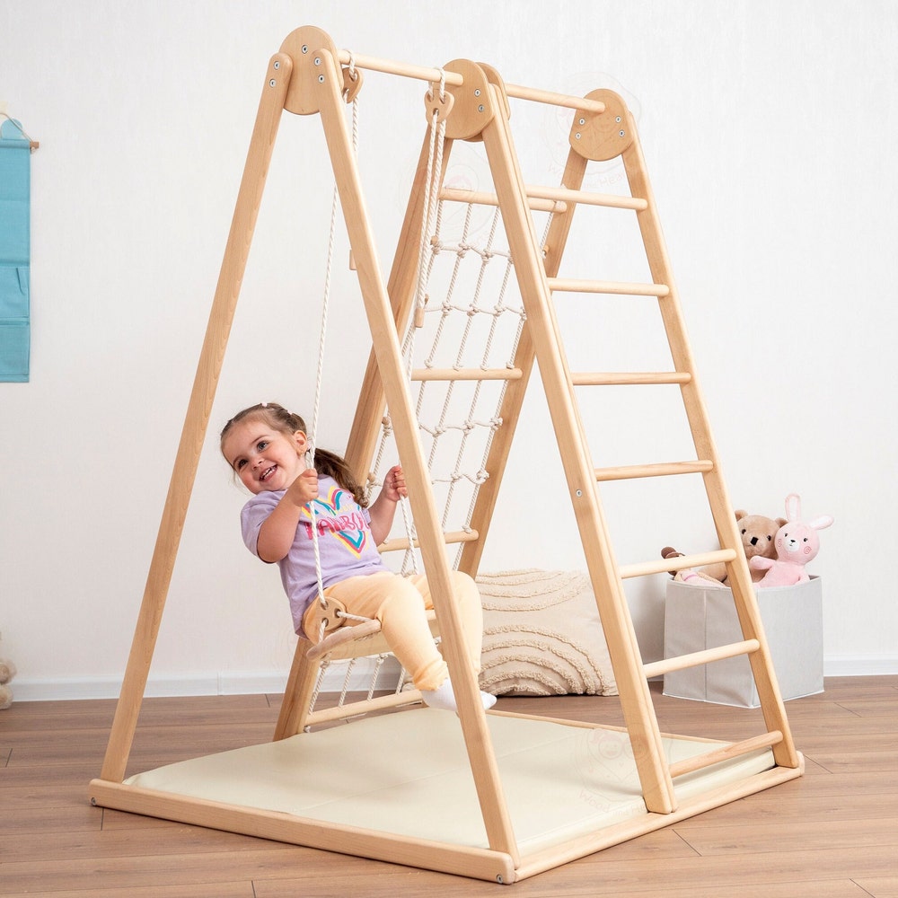 55x40" Large Scandinavian Triangle Climber Complex with Montessori Toddler Rope Accessory and Baby Play Mat Waldorf Soft Play Equipment