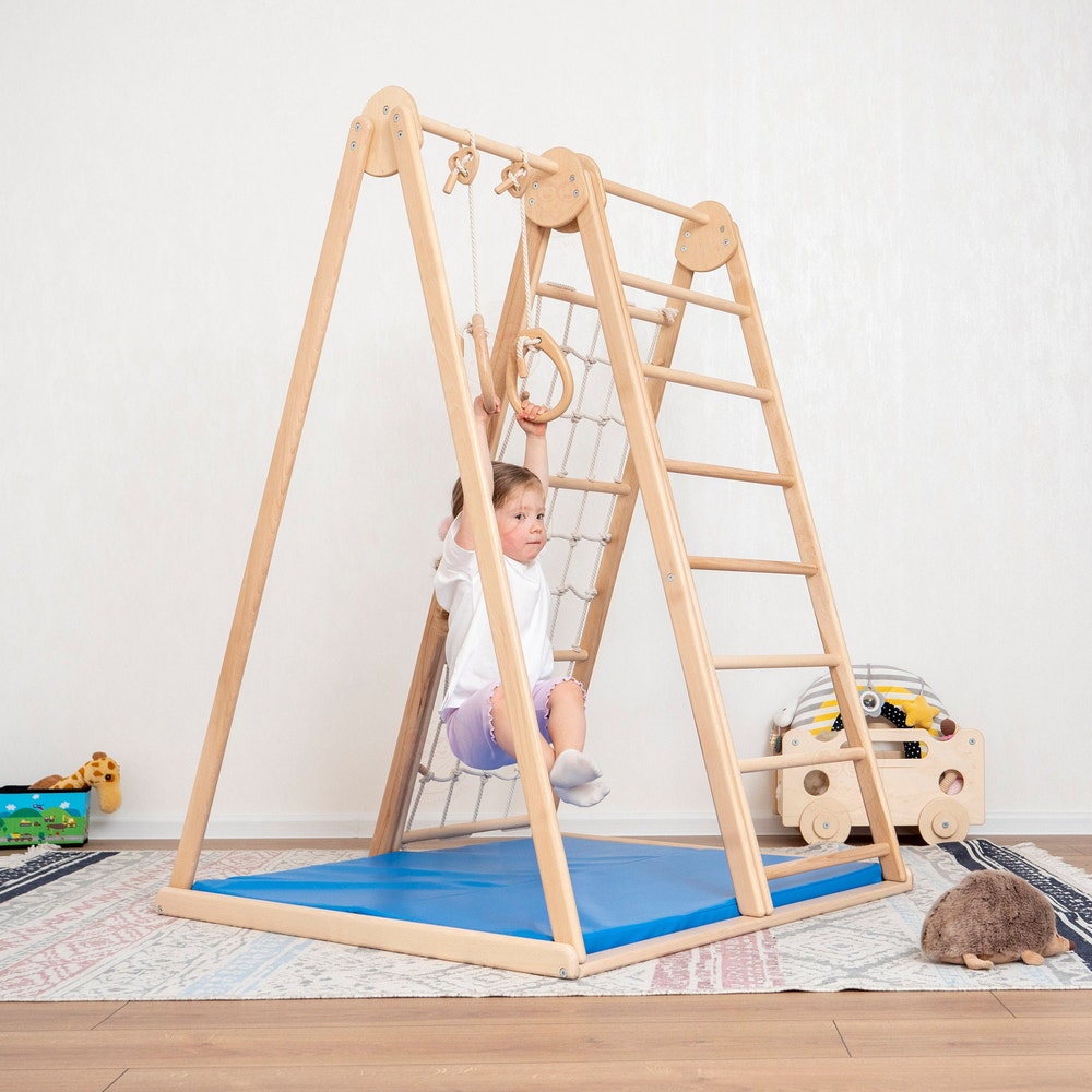 55x40" Large Scandinavian Triangle Climber Complex with Montessori Toddler Rope Accessory and Baby Play Mat Waldorf Soft Play Equipment