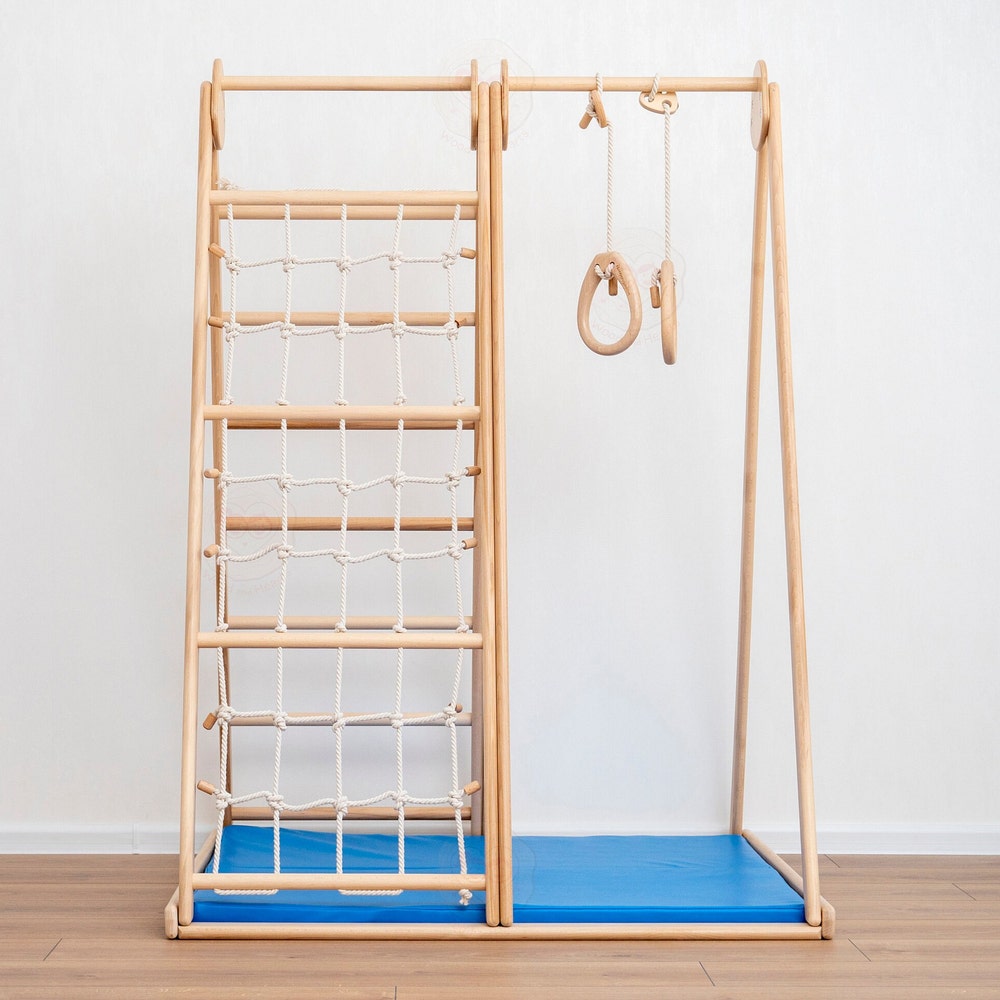 55x40" Large Scandinavian Triangle Climber Complex with Montessori Toddler Rope Accessory and Baby Play Mat Waldorf Soft Play Equipment